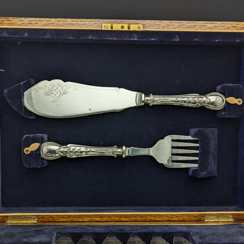 1929年 英国ヴィンテージ 純銀(925シルバー) ハンドル フィッシュカトラリー6x2&サーバセット CH Beatson 木箱入り